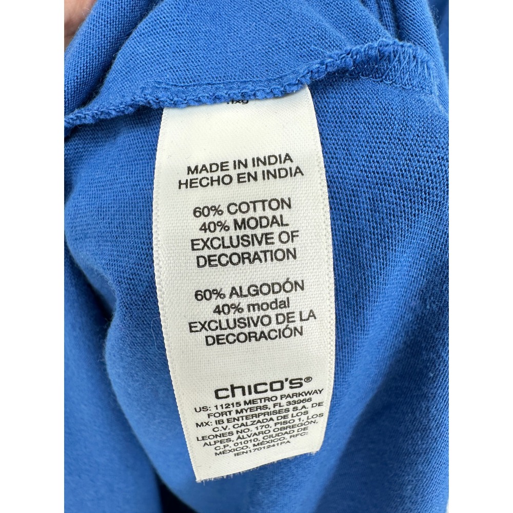 Chico's Top 4 XXL Blue Embroidered V-Neck Short Sleeve Boho Floral Casual NWT - Picture 8 of 11